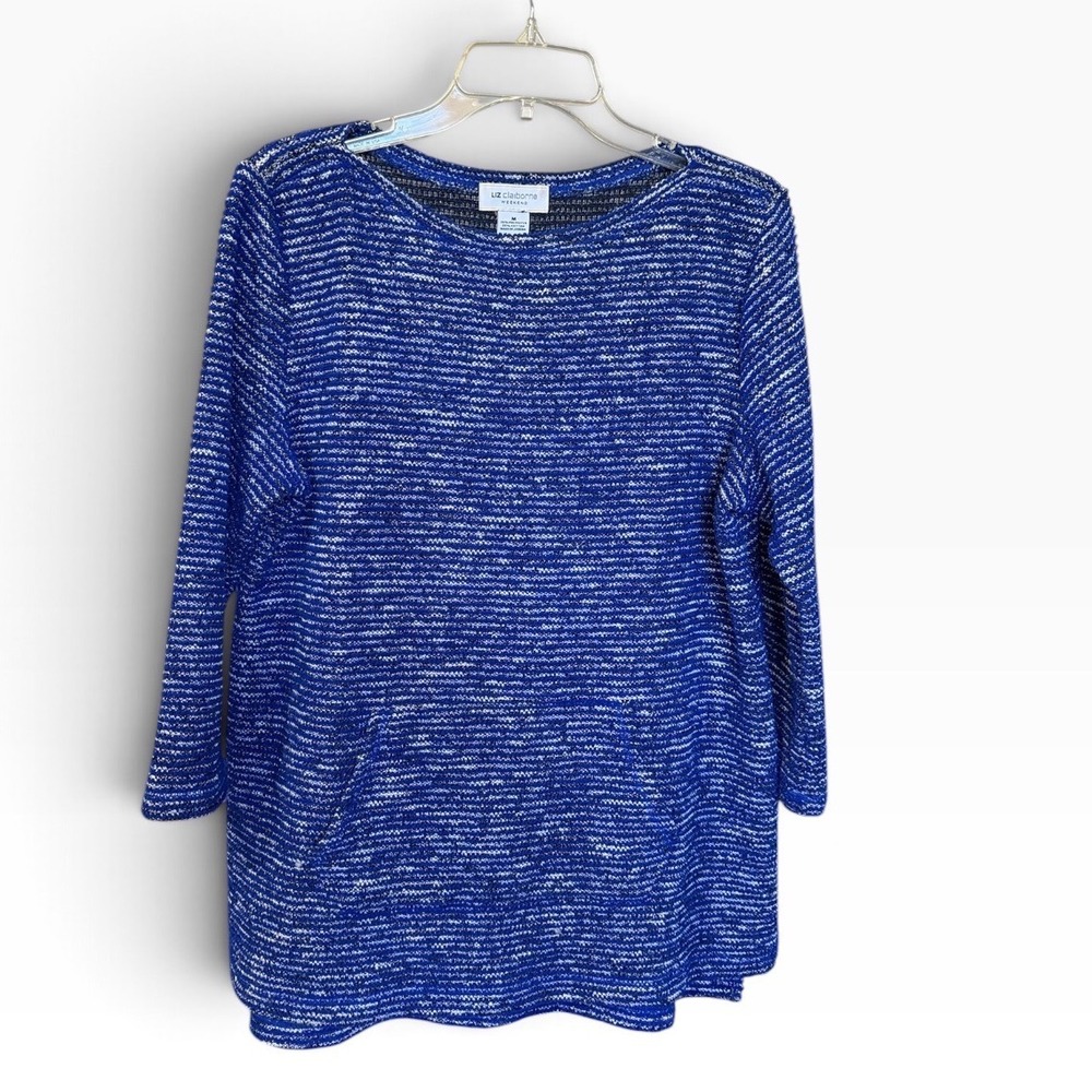 Liz Claiborne Tunic Top Womens M Blue Space Dye Knit Pocket 3/4 Sleeve Casual